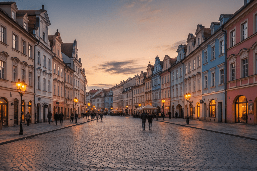 Historic Czech cityscape bathed in atmospheric twilight lighting Wide-angle view of charming Eastern European streets under warm ambient light, emphasizing cinematic appeal