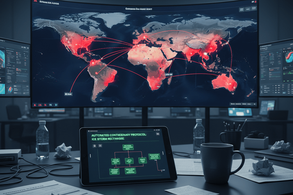 Empty logistics desk with glowing weather maps and tablets showing automated contingency systems activating during a crisis