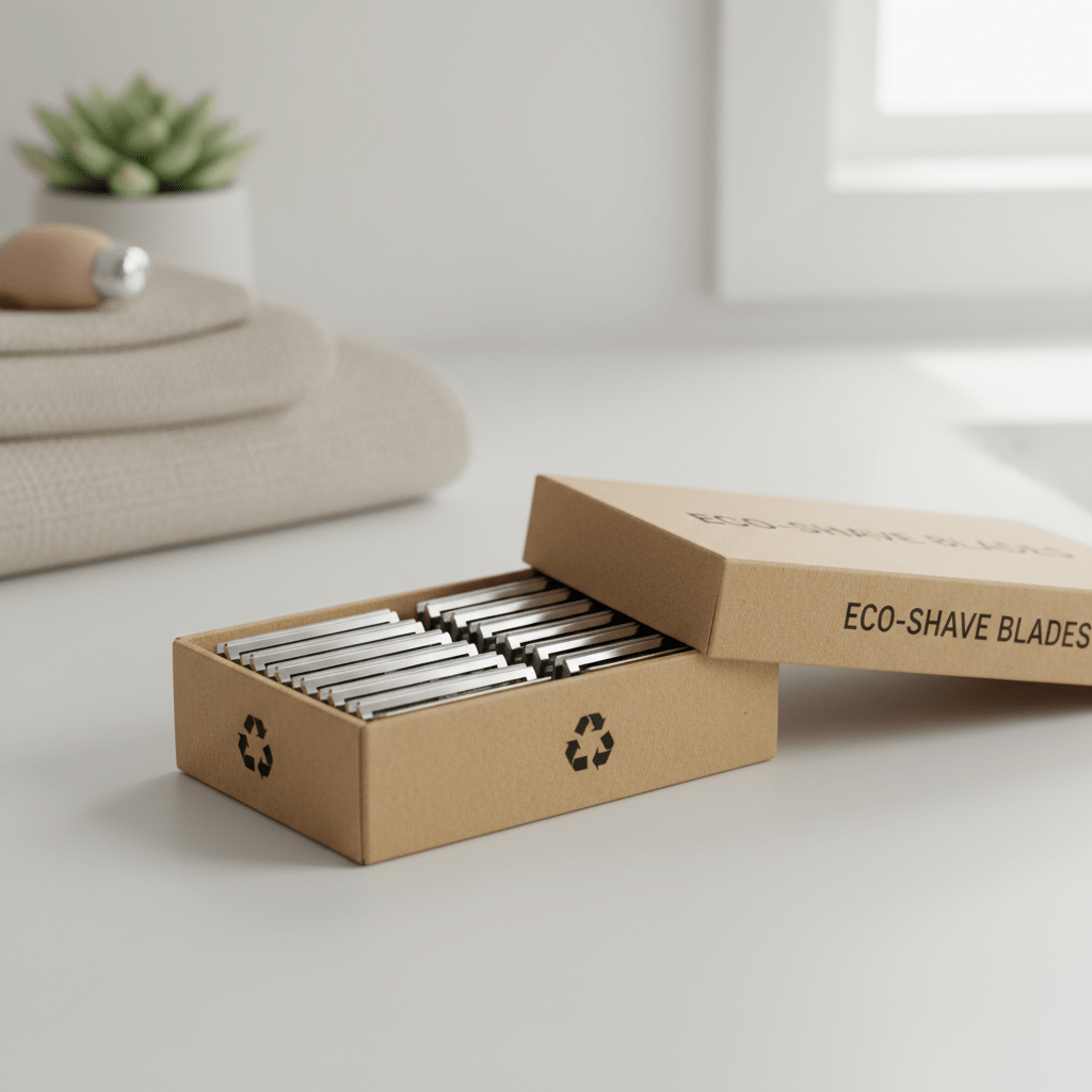 Close-up of stainless steel safety razor blades in a neat cardboard box.