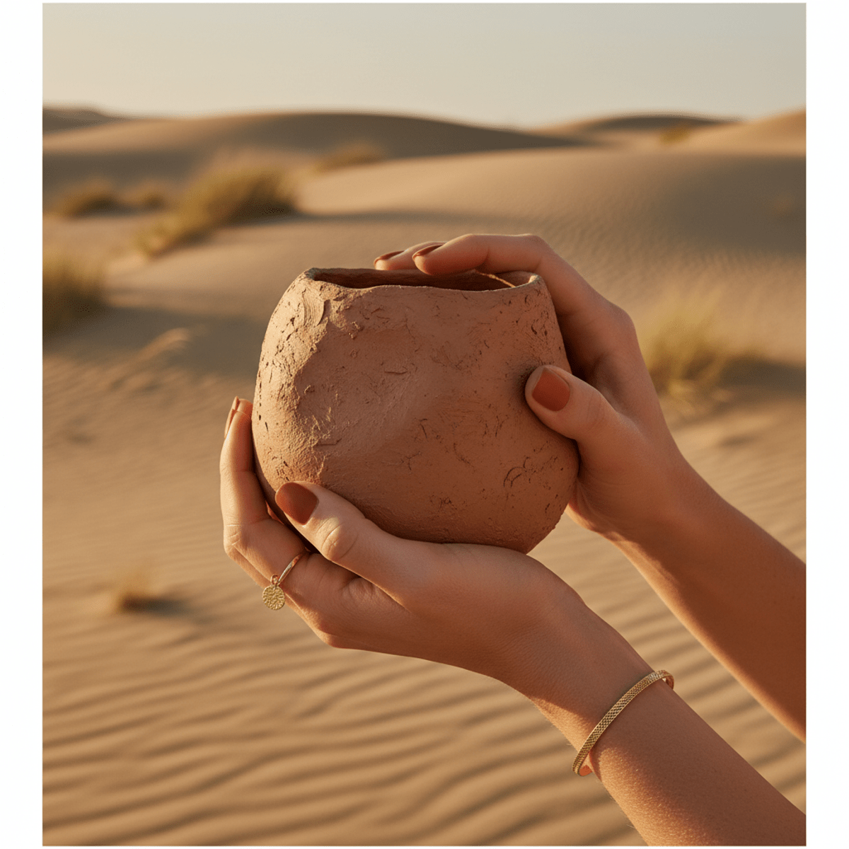 Woman's hands with burnt orange nails rest on a matte clay vessel in desert landscape.