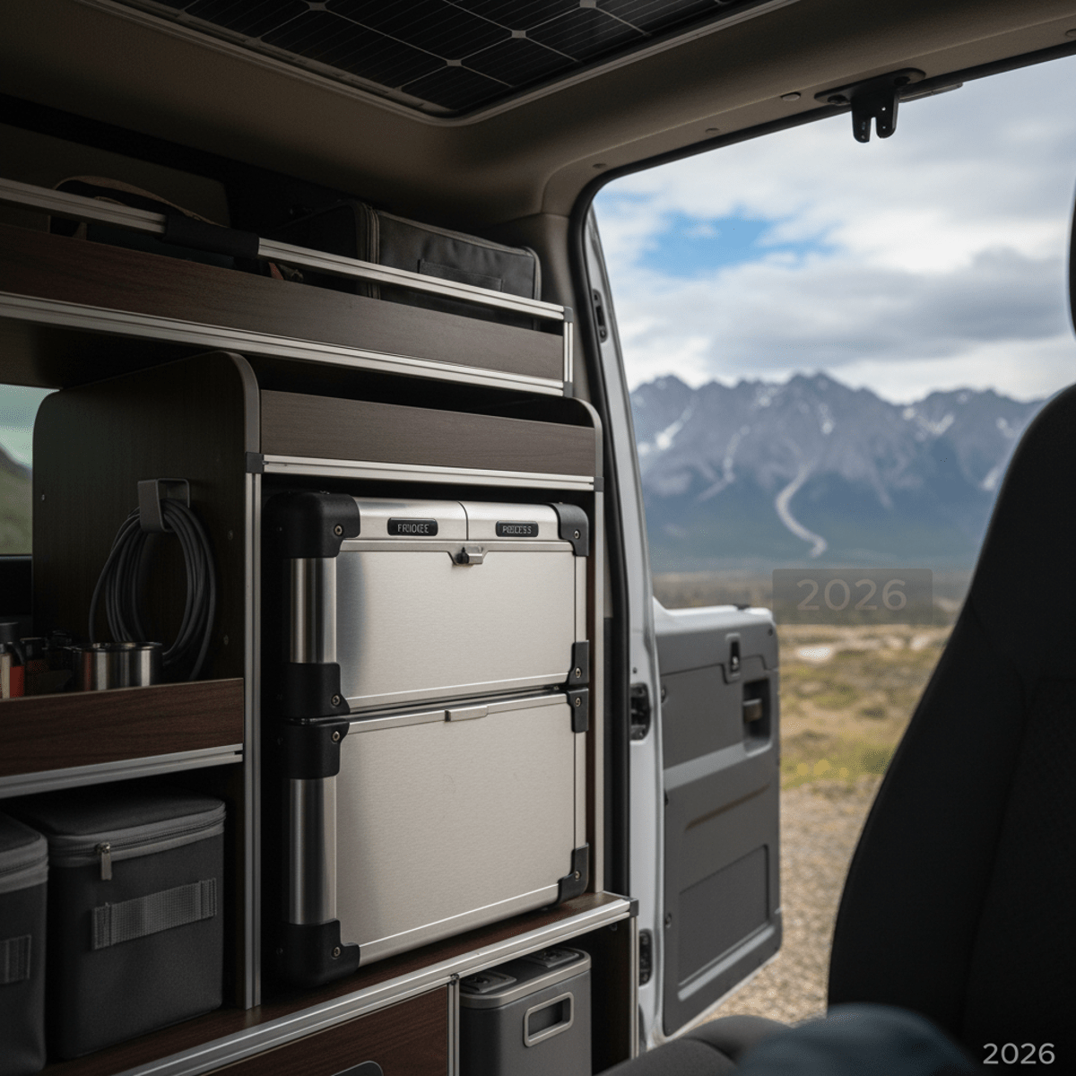 Compact solar refrigerator in a modern van, doors open to mountain views.