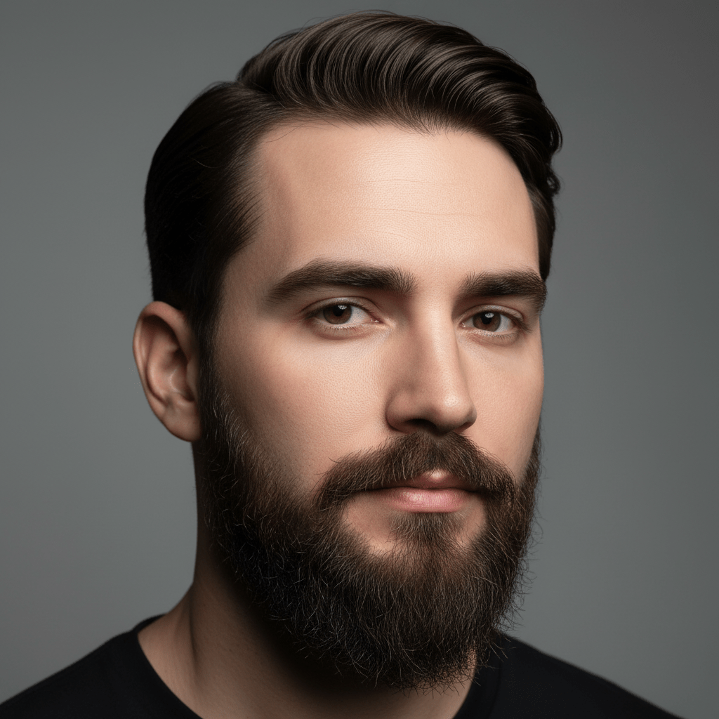 Man with perfectly trimmed goatee and winged jawline hair in studio lighting.