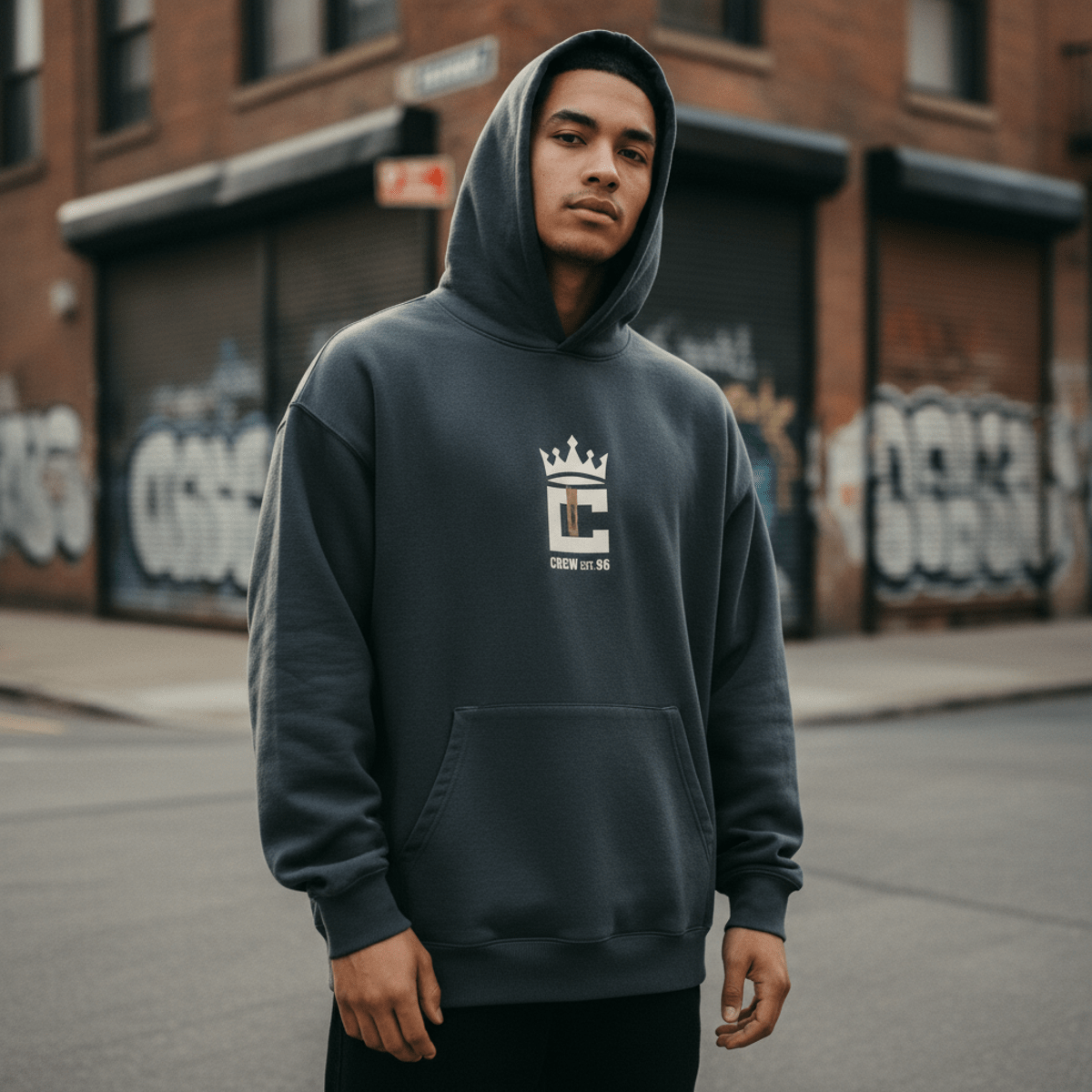 Oversized 90s hip hop hoodie on urban street, deep neutral tones, textured cotton.