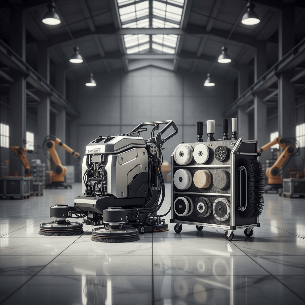 Advanced tile floor scrubber with modular attachments in a modern industrial facility.