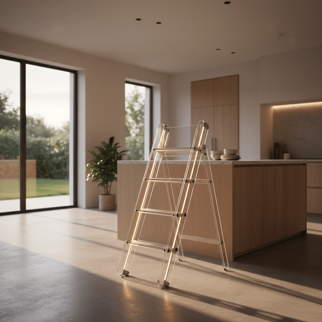 High-grade polycarbonate folding ladder with LED strips in a sunlit modern kitchen.