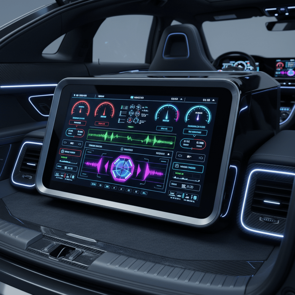 Futuristic car audio panel with vibrant touchscreens displaying performance metrics.