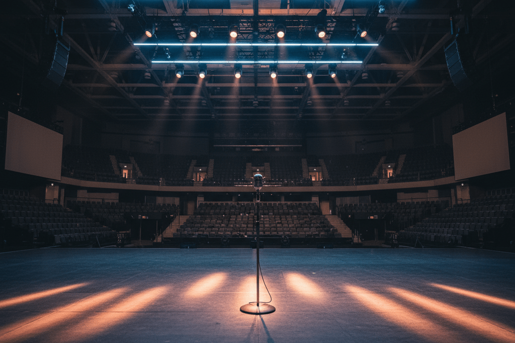 Modern concert stage set up for worldwide streaming success Empty concert stage with microphone stand and lighting, symbolizing readiness for large-scale digital broadcast