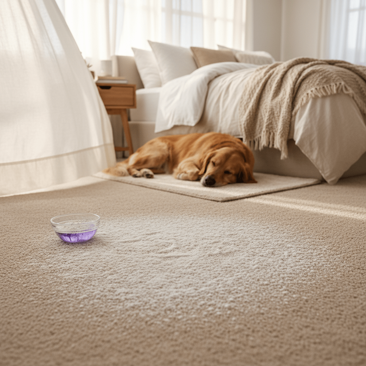Warm, cozy bedroom scene with baking soda on beige carpet and a golden retriever.