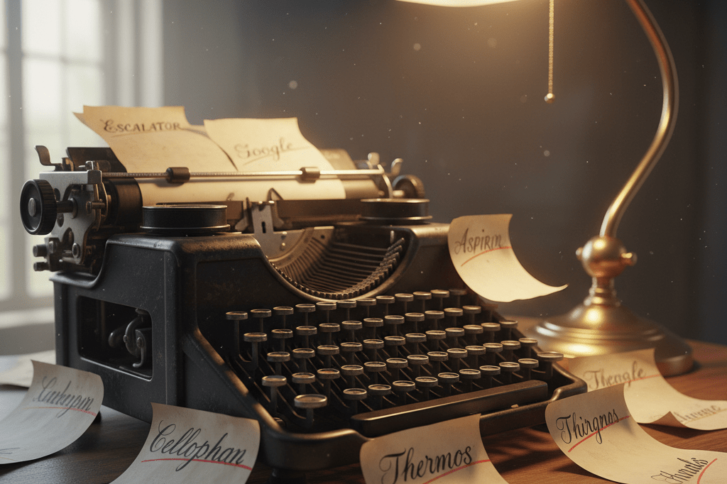 Close-up of a vintage typewriter with handwritten notes showing examples of genericized trademarks under warm ambient lighting