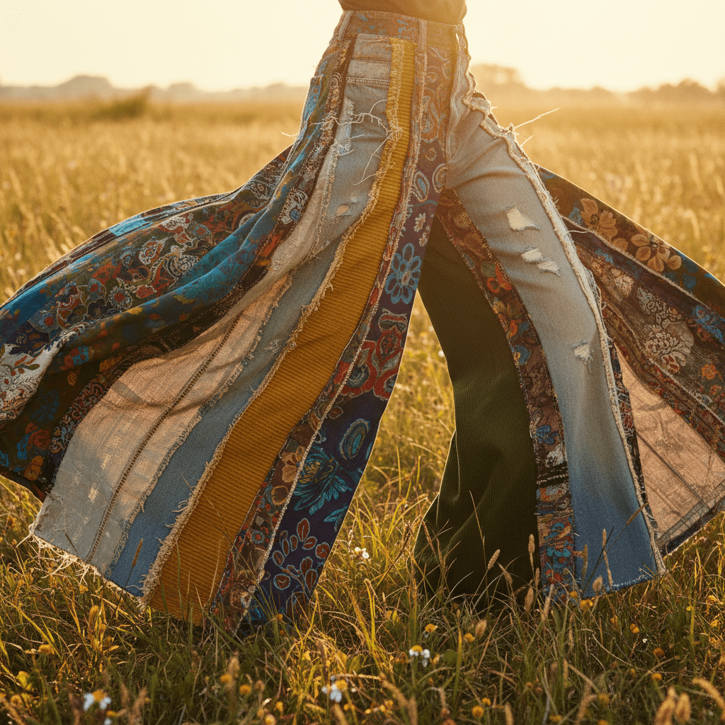 Flowing upcycled patchwork palazzo trousers in motion, showcasing diverse textures and colors.