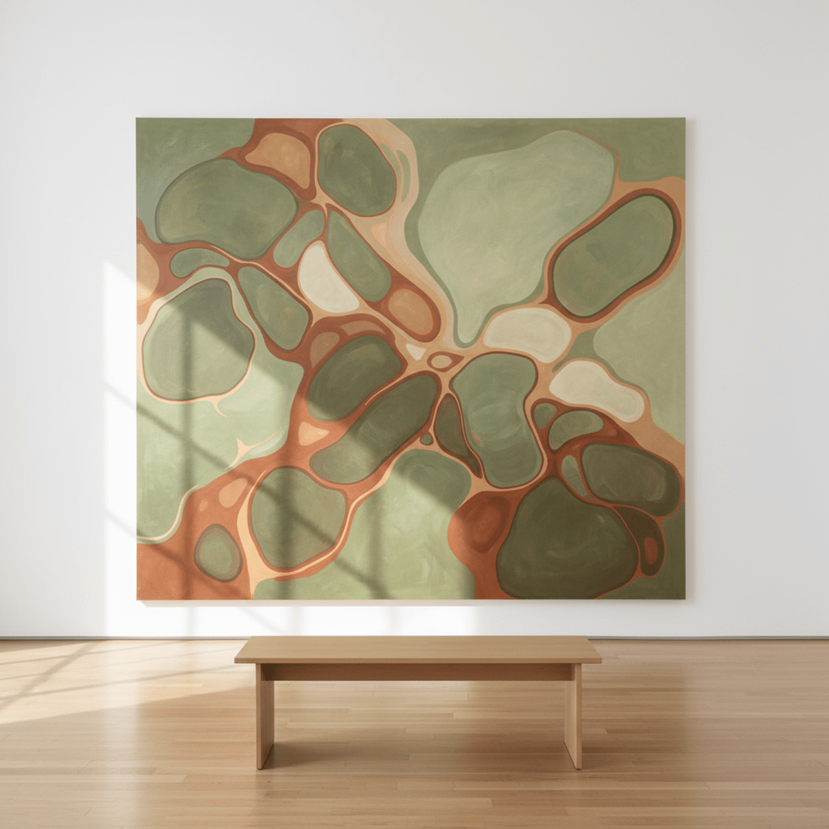 Abstract art with biomorphic forms, organic curves, and earthy tones on canvas.