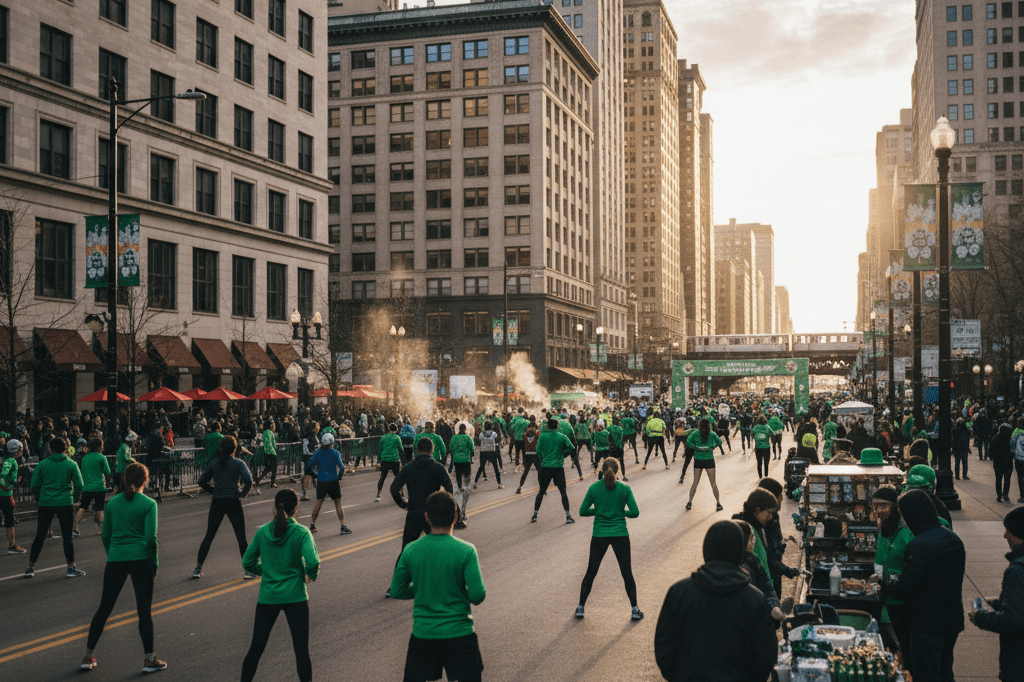 Wide view of urban Chicago street scene with runners preparing amid local businesses benefiting from event-driven commerce
