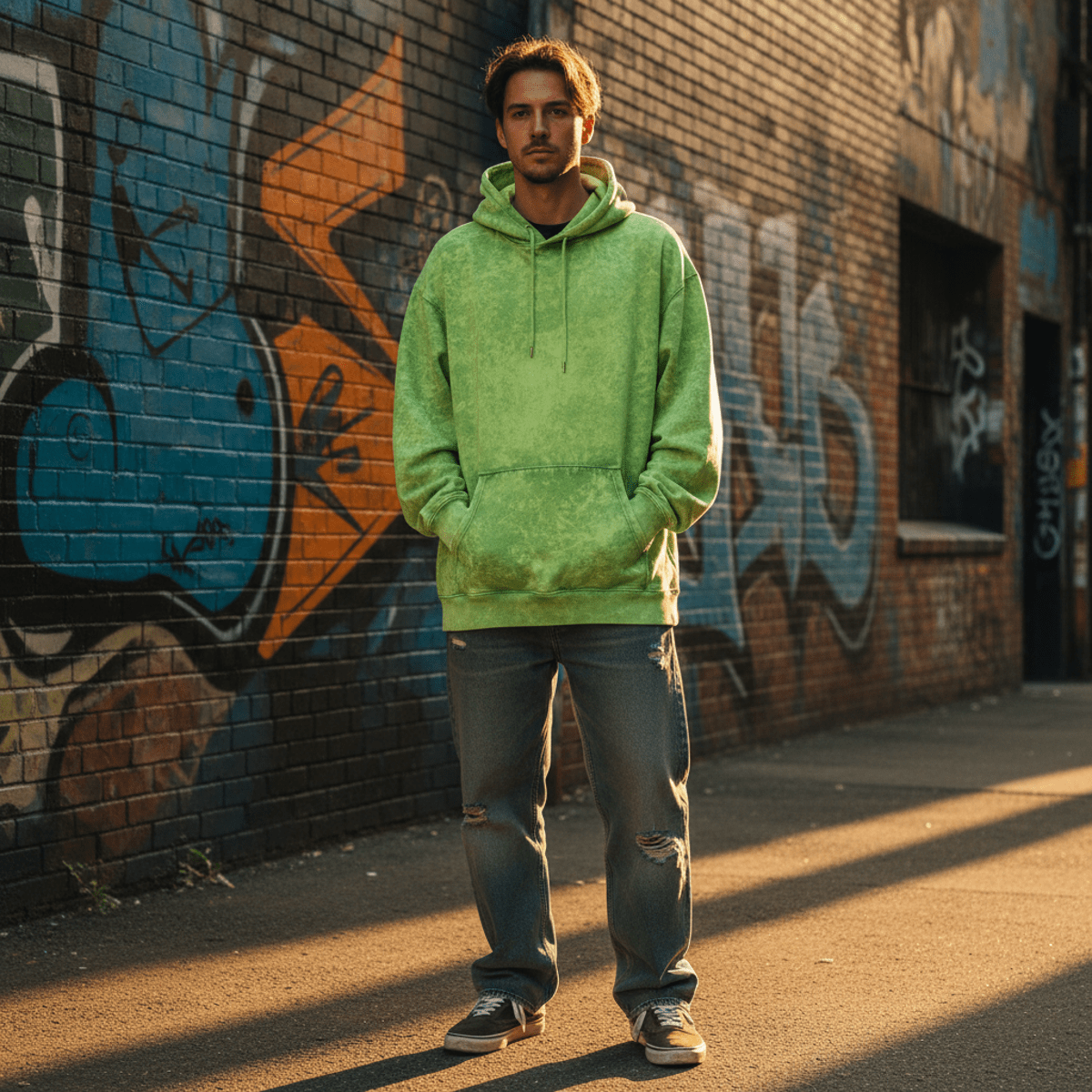 Oversized lime green hoodie with snow wash texture in urban alleyway.