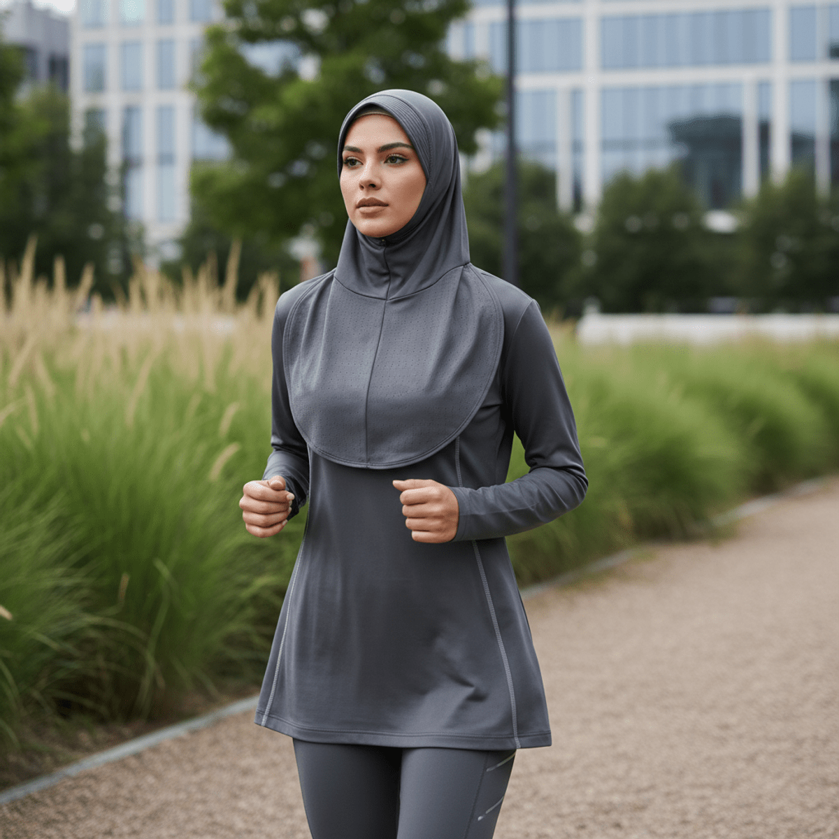 Sleek athletic hijab for active movement in urban settings. Performance-ready hijab with UV protection worn by a model jogging in an urban park.