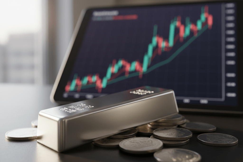 Detailed view of silver bars and coins under natural light, symbolizing recent precious metals market collapse