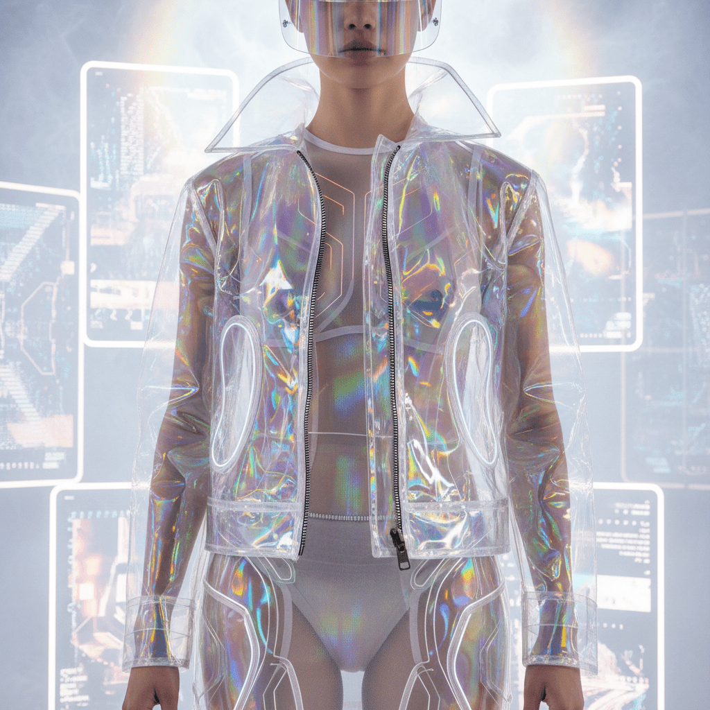 Close-up of futuristic fashion with pearlescent urethane jacket and shimmering mesh dress.