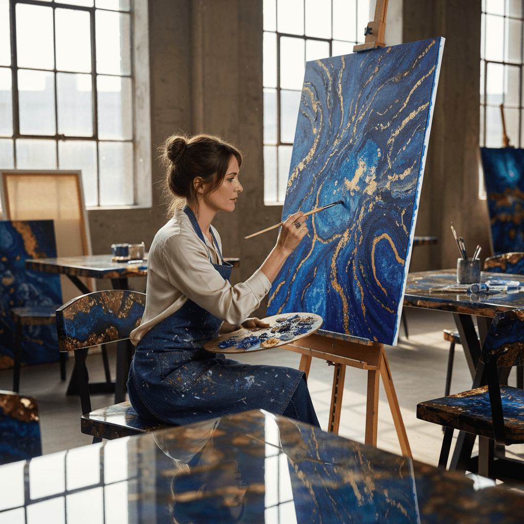 Painter creates abstract art with lapis blue and gold in a modern loft.