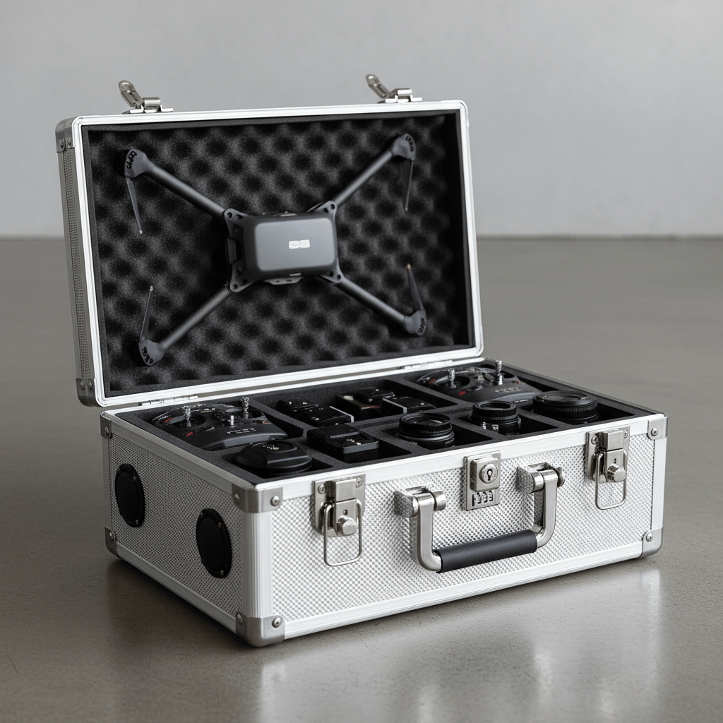Professional drone transit case with foam inserts holding drone, batteries, and accessories.