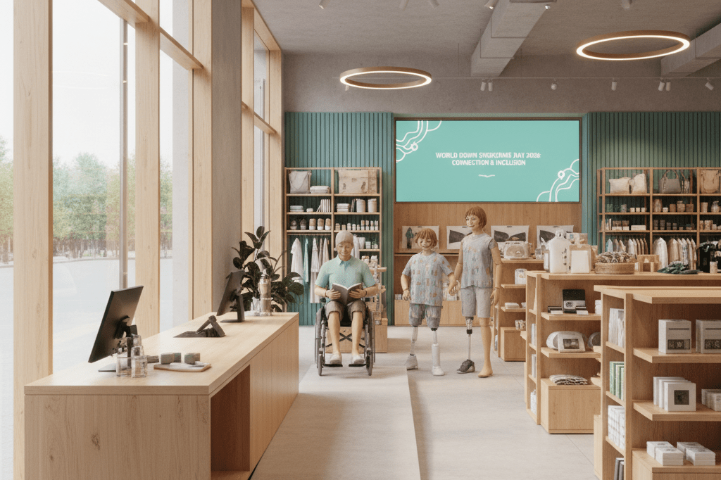 Warmly lit store interior featuring accessible design elements like wide aisles and diverse mannequins, promoting inclusivity and combating isolation
