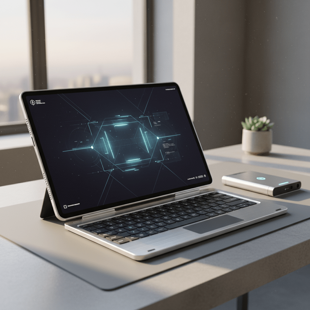 Unfolded folding tablet on a minimalist workstation with a tactile keyboard and battery pack.