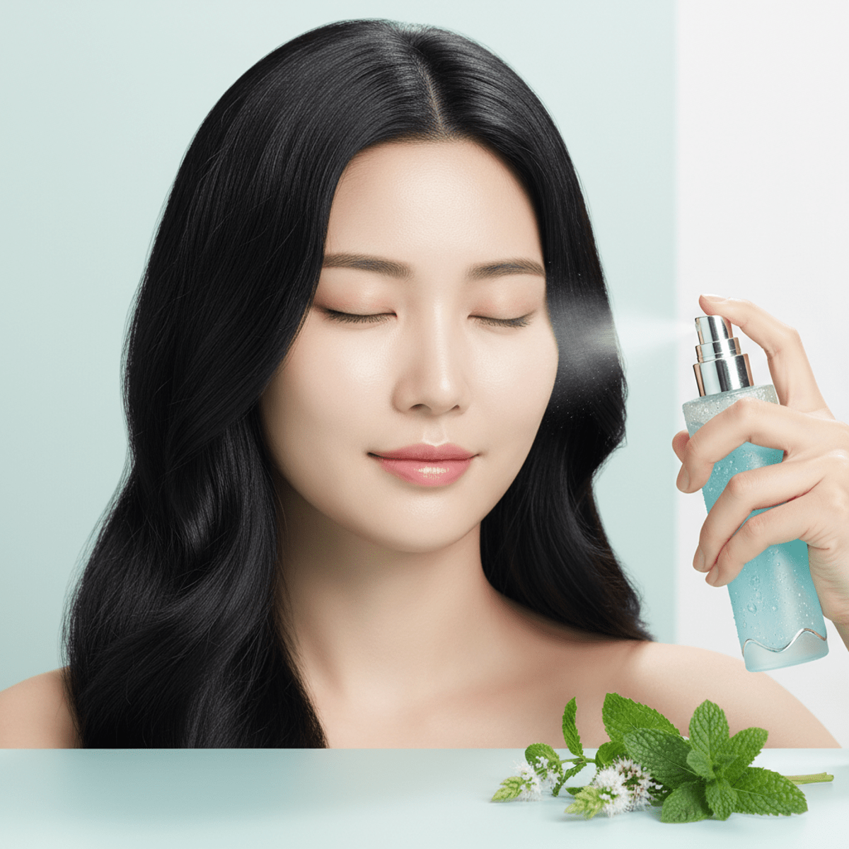Serene scalp mist treatment with glossy black hair and mint. Model enjoys cooling scalp mist with glossy black hair and frosted glass bottle.
