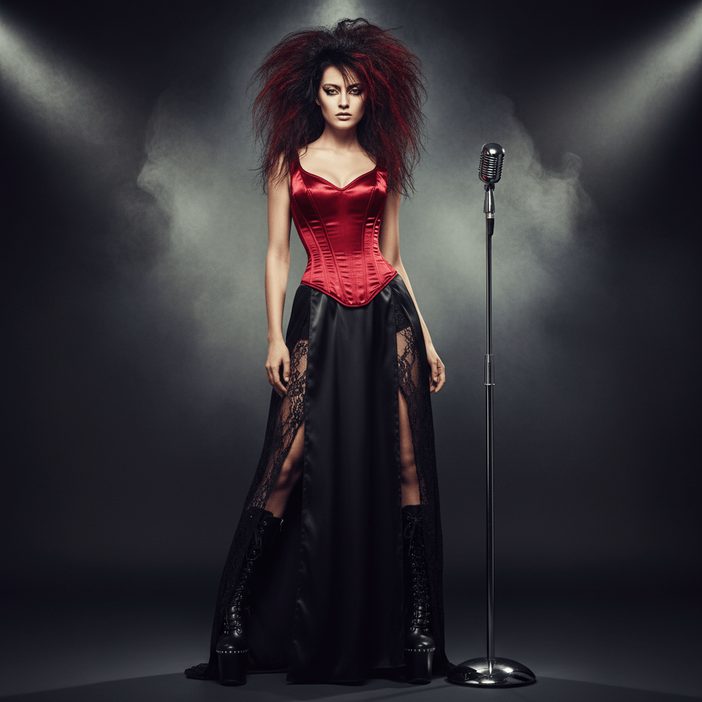 Model in structured satin corset and flowing silk dress with lace panels.