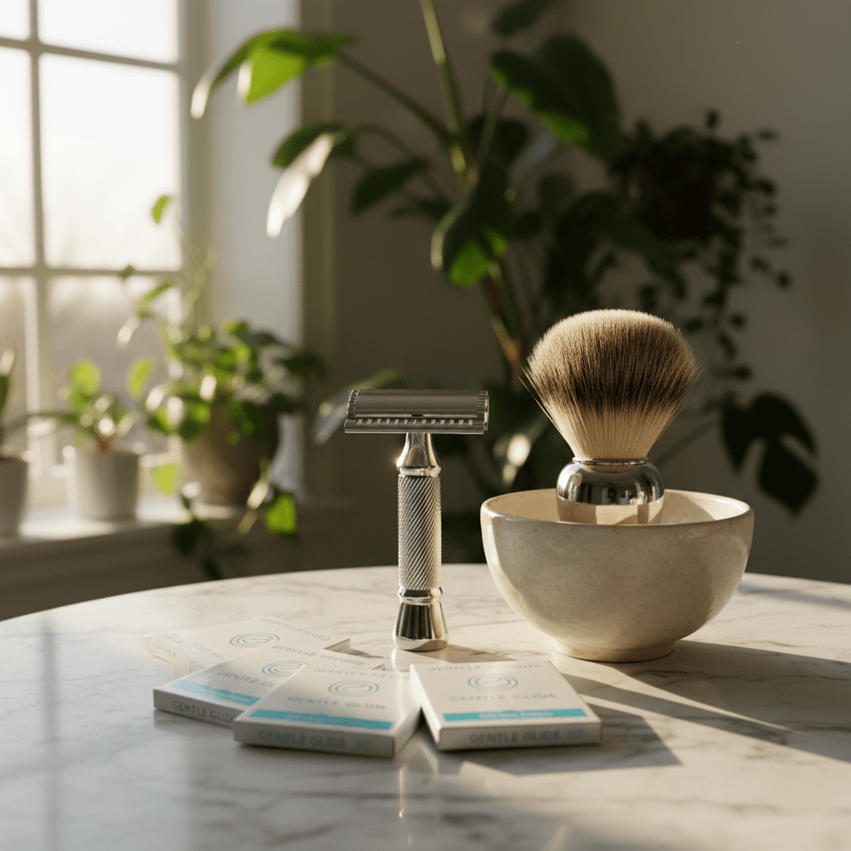 Safety razor blades and vintage brush on marble vanity with golden hour light.