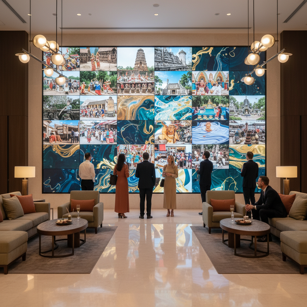 Luxury hotel lobby with cultural photography and abstract art on a large digital display.