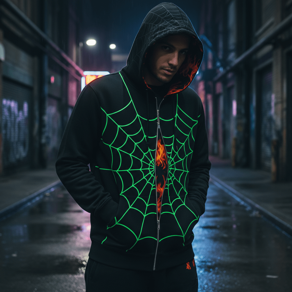 Full-zip hoodie with neon spiderweb graphic in a moody city alley at night.