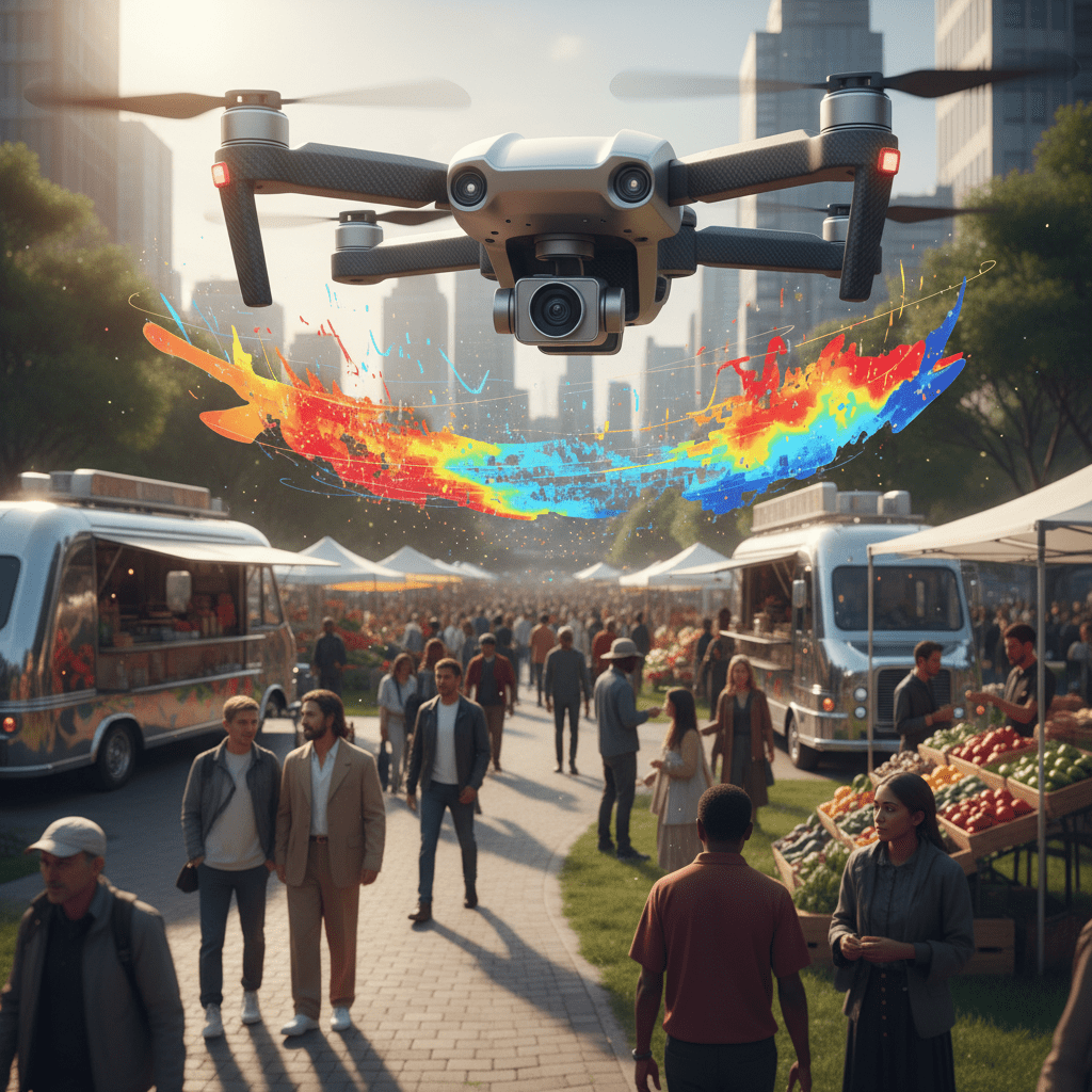 Mini drone captures aerial market view with translucent crowd density heat map.
