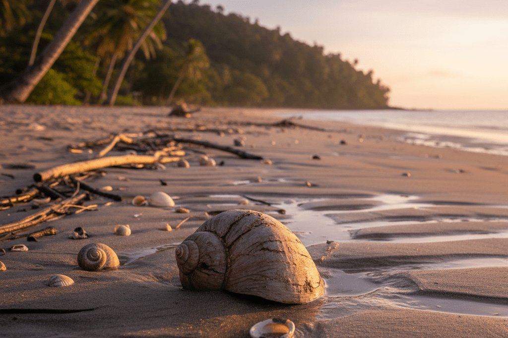 Medium shot of an empty tropical beach with a half-buried conch shell, palm shadows, and jungle in soft focus—evoking isolation and symbolic authority