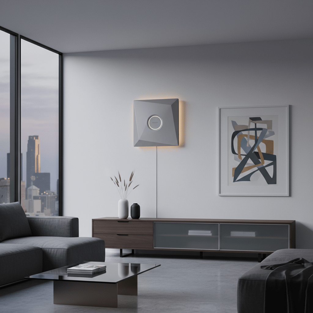 Soft grey router mounted flush on white wall with subtle LED glow.