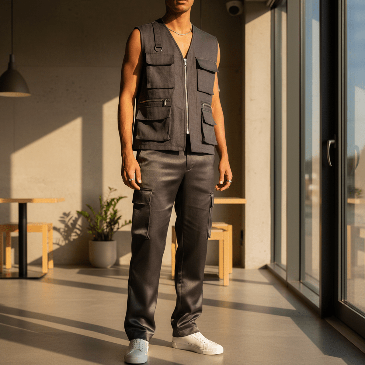 Lustrous charcoal satin cargo pants and linen vest with pockets.