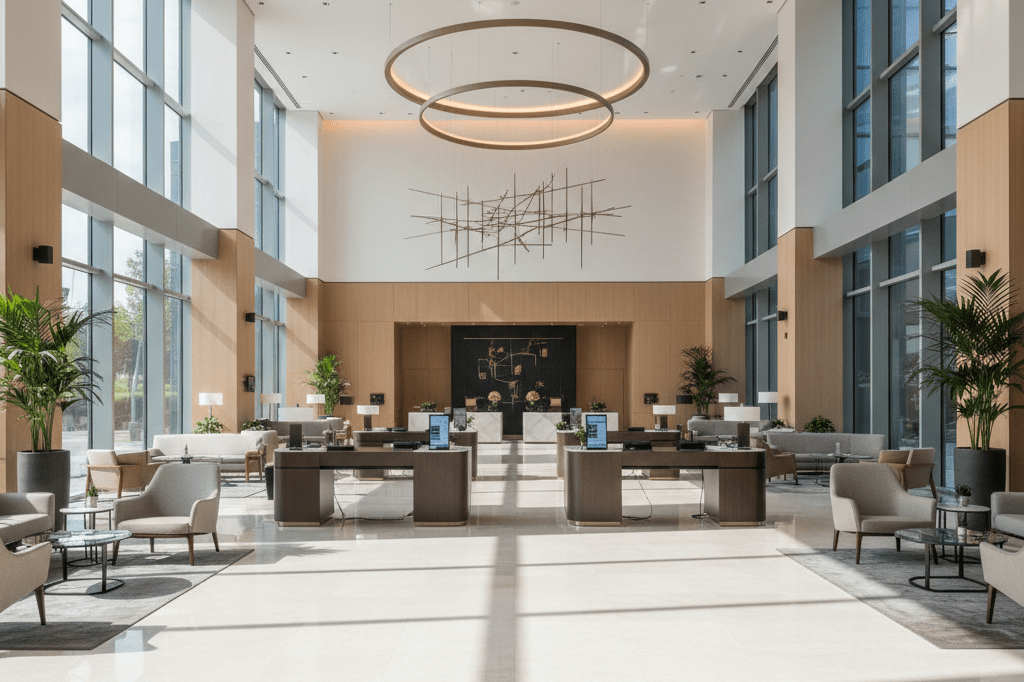 Empty modern hotel lobby with warm ambient lighting, suggesting reduced activity after major event cancellation
