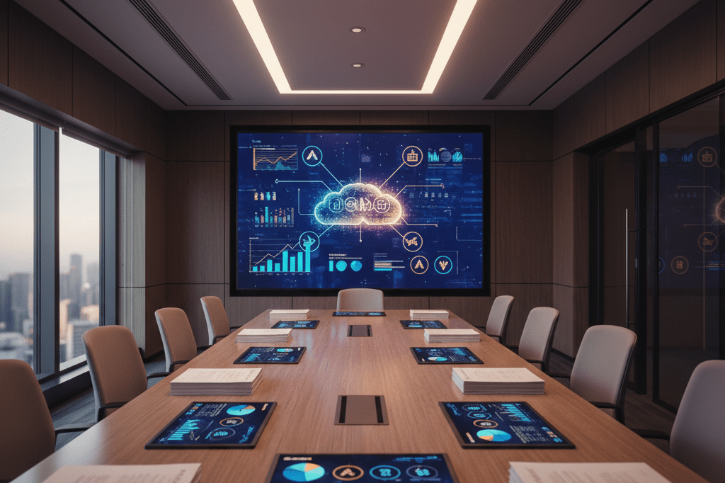 Wide shot of a sleek conference room with digital screen analytics, hinting at major content licensing shifts in the entertainment industry