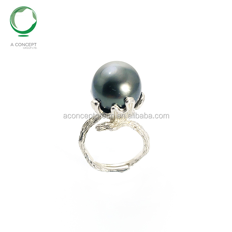 P005R096 (W) Venda Quente Da Moda 925 Anel De Prata Aberto Com 10-13 MILÍMETROS Tahiti Pérola, pérolas negras do tahiti