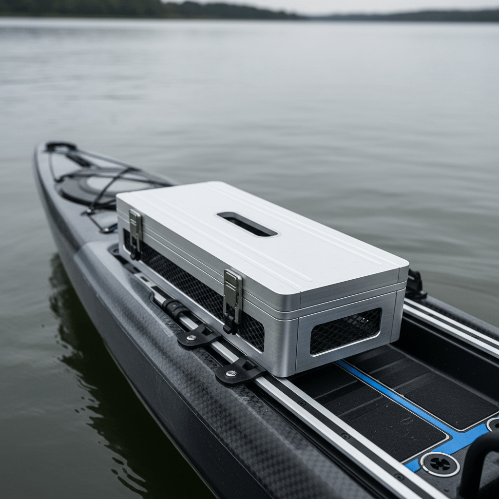 Ultra-compact fishing table folded on a sleek fishing kayak deck.