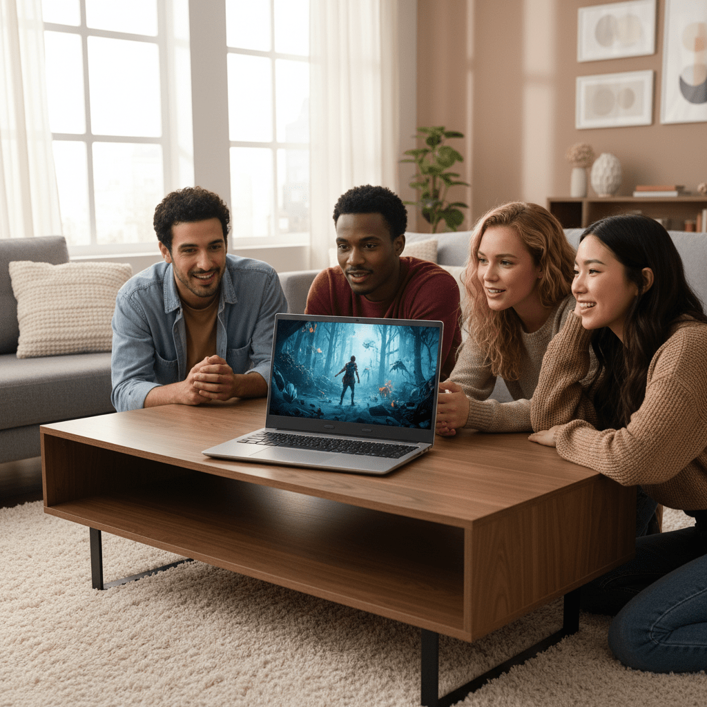 Modern laptop with vibrant display open on a coffee table for a movie night.
