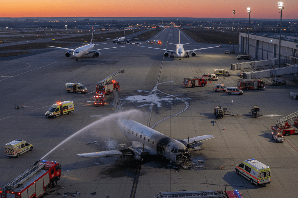 Airport Runway Crisis Highlighting Emergency Response Gaps Scene of emergency vehicles and aircraft on a runway under natural dusk lighting, illustrating coordination challenges in transportation safety systems