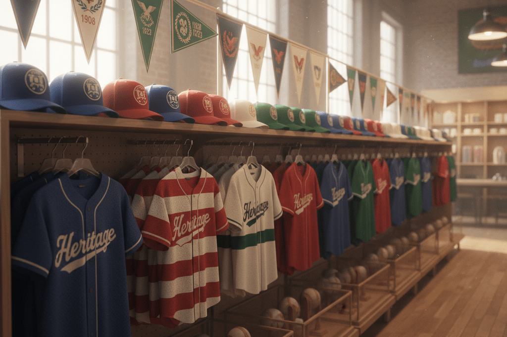 Shelf display of nostalgic sports merchandise in warm ambient lighting Retail shelf featuring generic baseball caps and jerseys under soft natural light, evoking sports nostalgia without recognizable branding