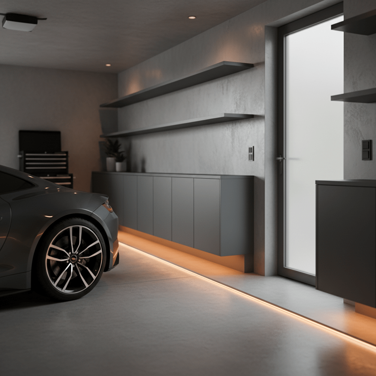 Modern garage with sleek floor-level LED pathway lighting on polished concrete.