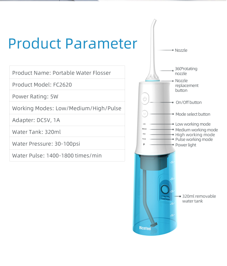 RoHS Usb Charge Travel Water Flosser 320ml Water Irrigator For Teeth Oral Hygiene