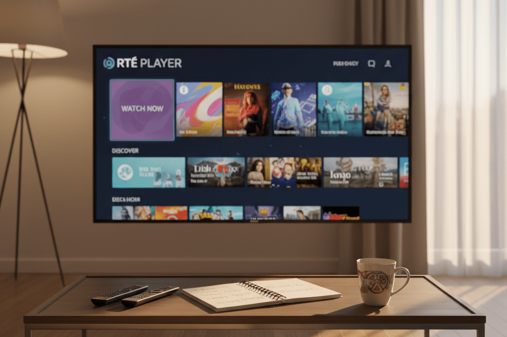 Warmly lit living room with smart TV showcasing streaming service menu under soft ambient light