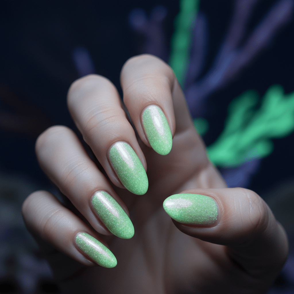 Sheer bio-luminescent green nails with blue pearlescent shimmer in almond shape.