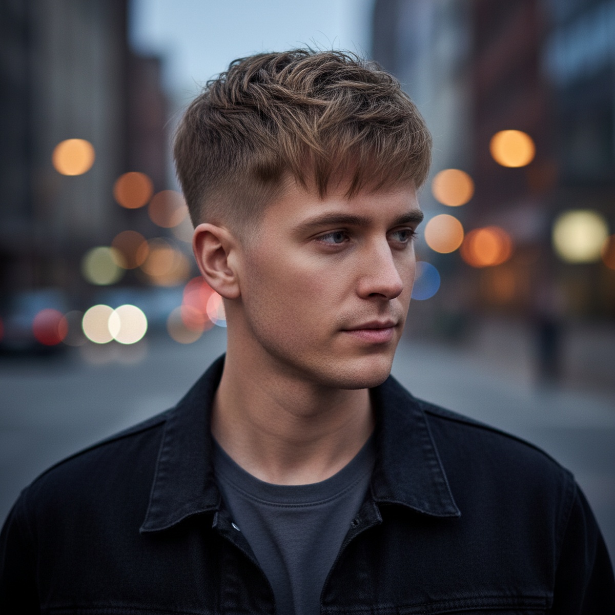 Man with textured crop haircut and clean fade in blurred urban setting.