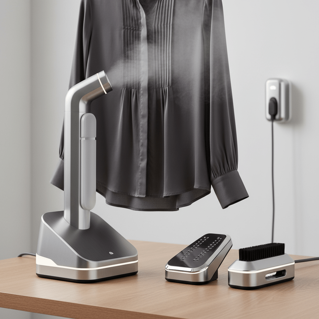 Modular ironing machine steaming a hanging garment with a vertical steam nozzle.