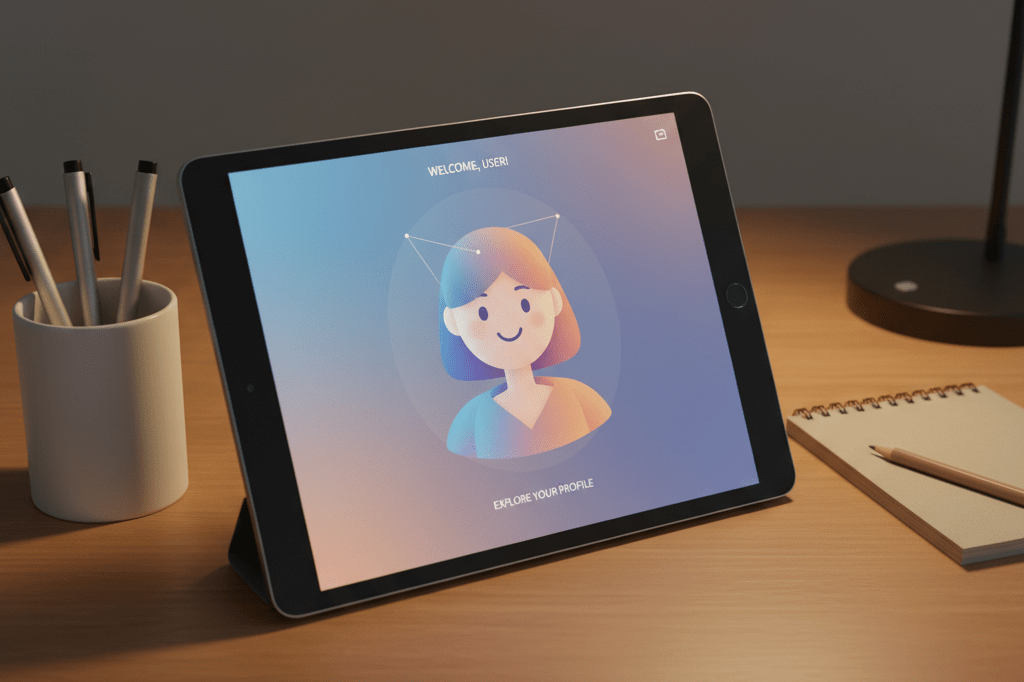 Modern tablet displaying a friendly generic avatar under warm ambient lighting, symbolizing digital customer engagement strategies