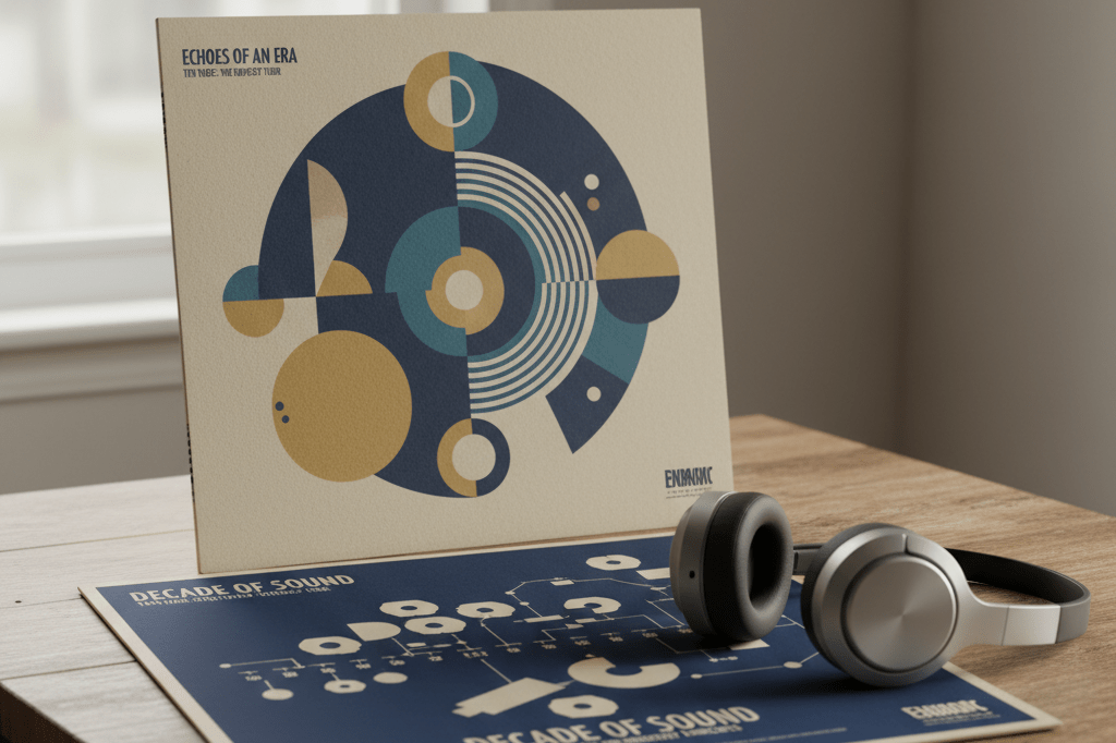 Limited-edition vinyl record, stylish tour poster, and wireless headphones arranged on a wooden table under natural light