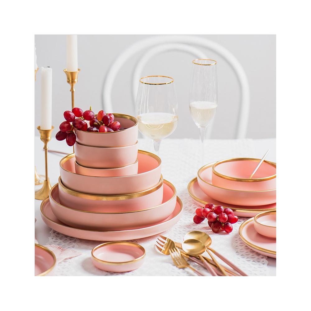 Кружка современного дизайна, набор чаш и тарелок, розовая фарфоровая посуда
