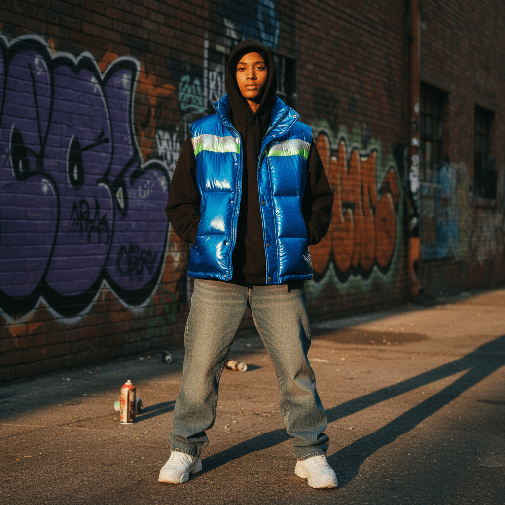 Model in oversized electric blue puffer vest in a 90s hip hop urban alley.